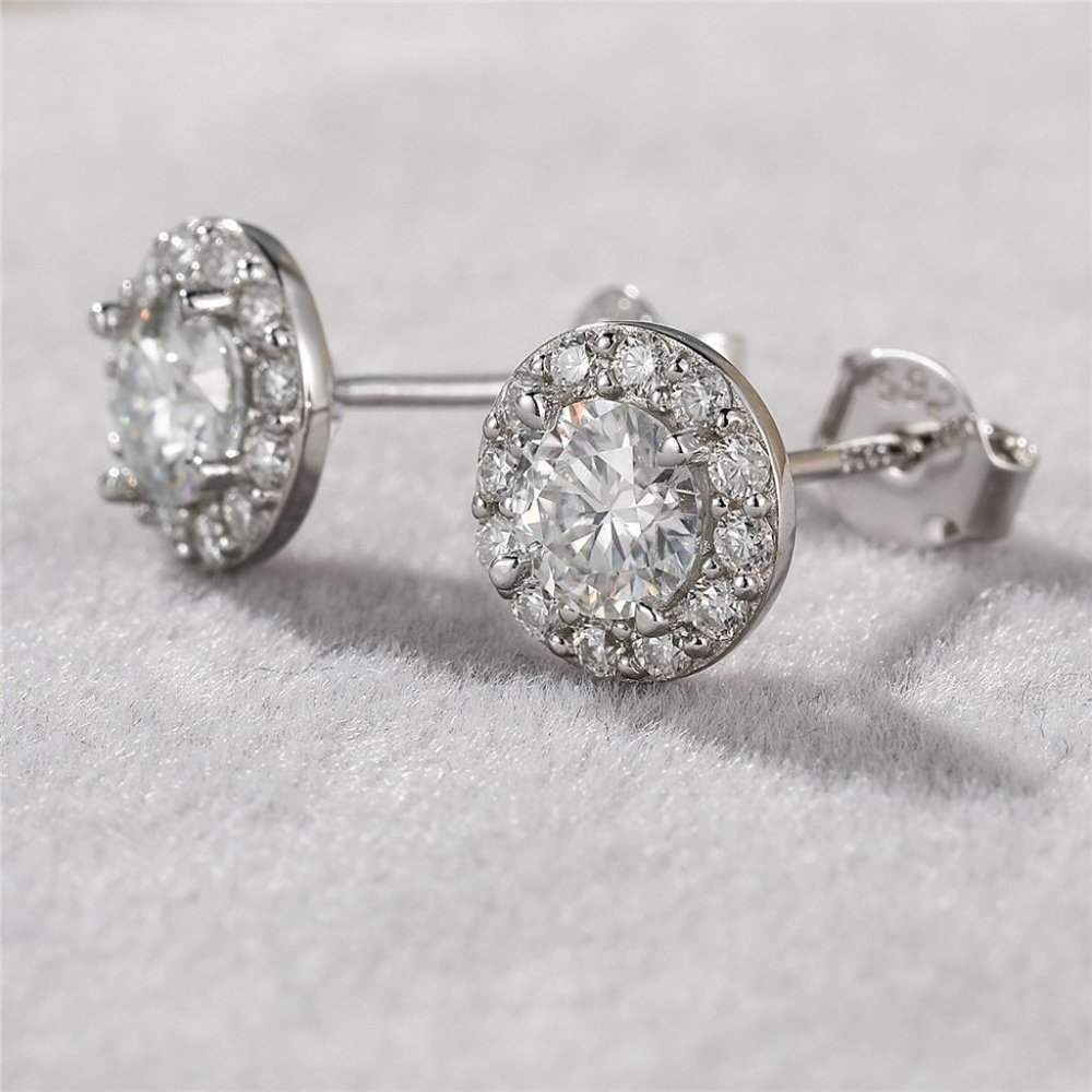 Certified 1ct. t.w. Moissanite Diamond Round Halo Stud Earrings NEW A - Picture 3 of 13